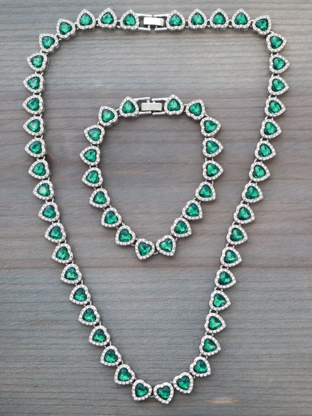 Green Heart Halo Diamond Chain Tennis Necklace/Bracelet Jewelry Set Silver Plate